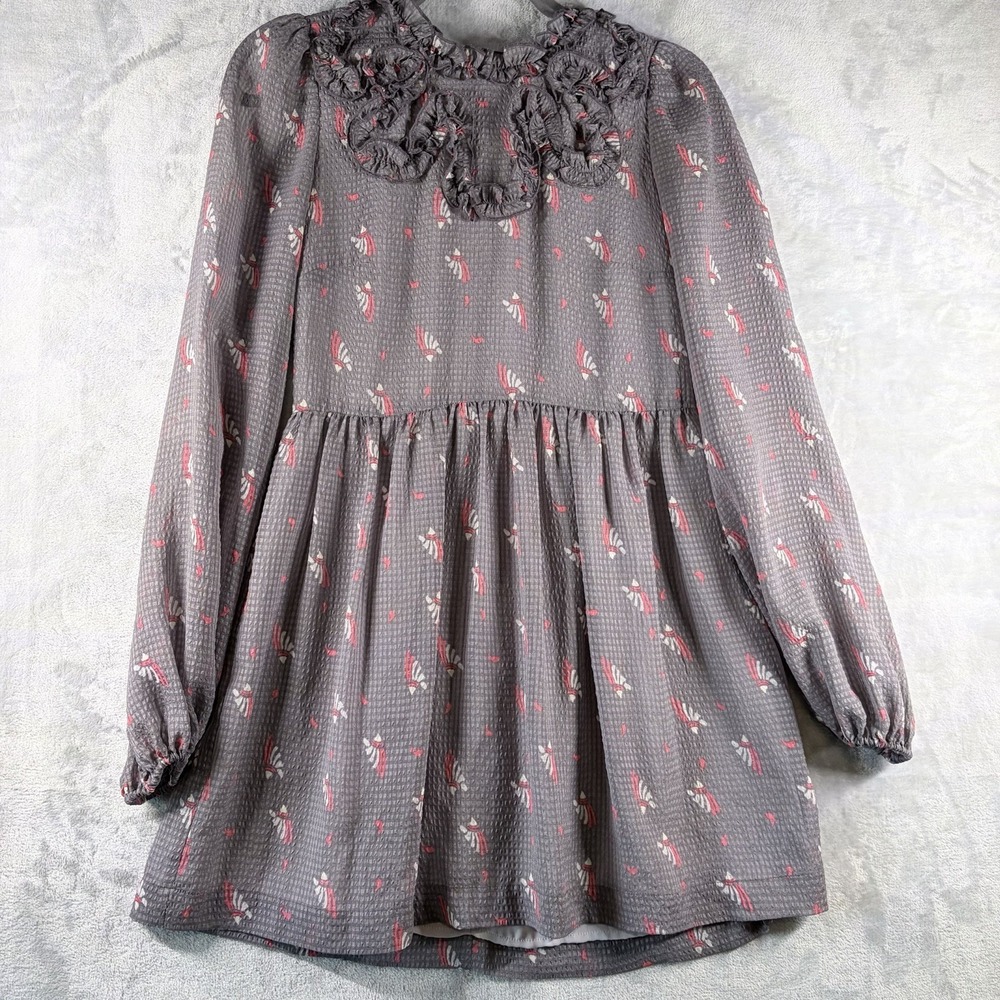 Free People Rosette Ruffle Neck Long Sleeve Mini Dress Gray Romantic Floral 0 XS - Picture 2 of 9